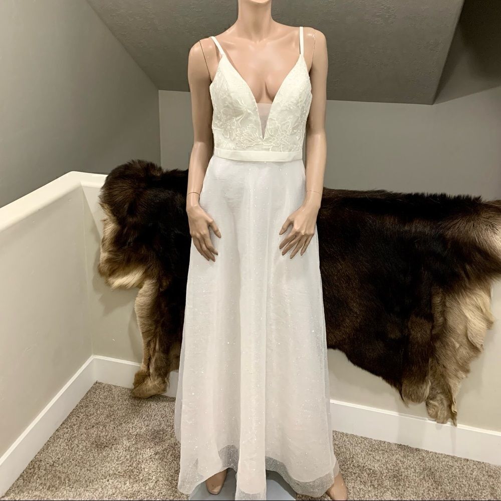 Elegant Embroidered Sequin Lace and Cross Back Glitter Gown